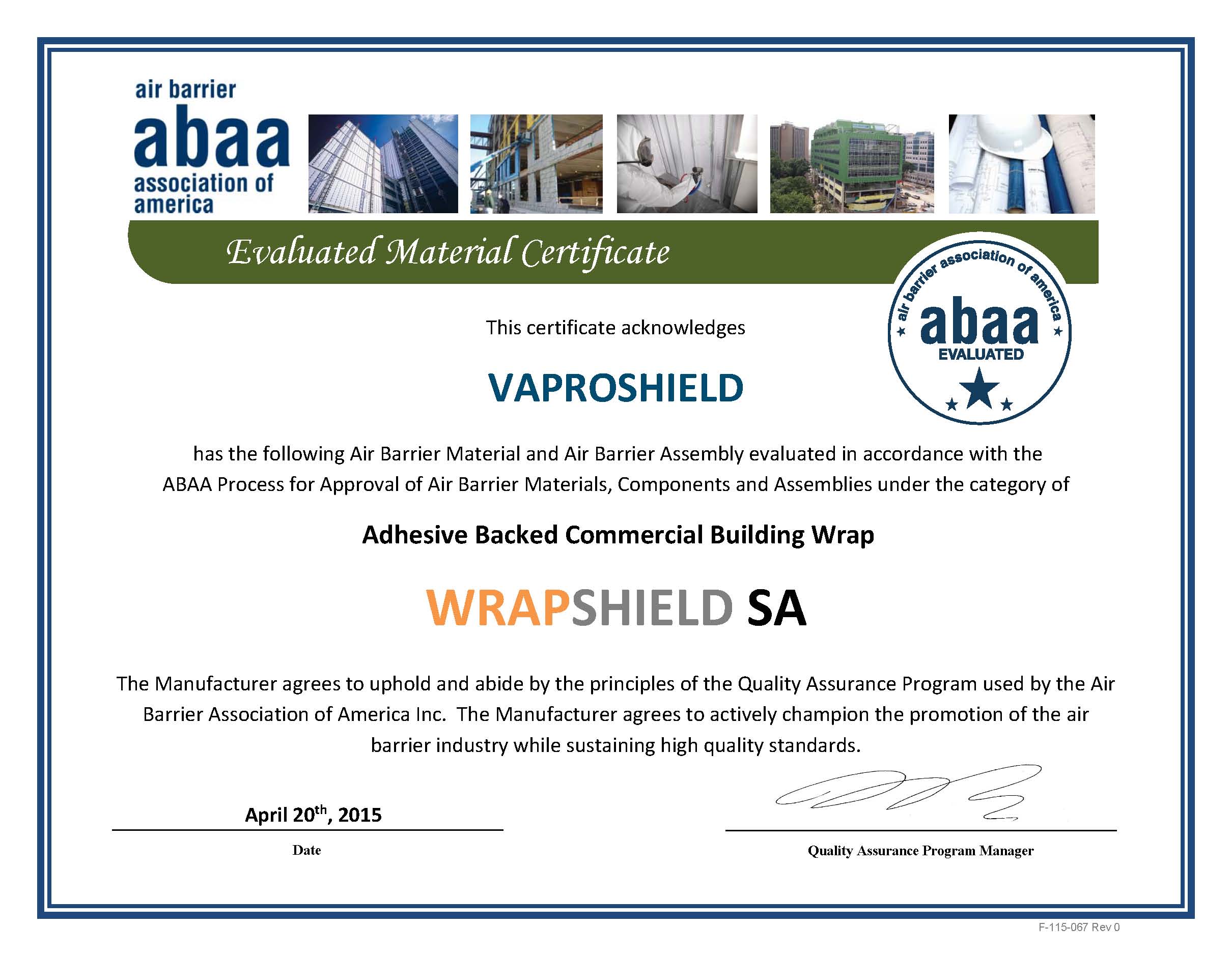 ABAA Air Barrier Material Evaluated Certificate Vaprosheild Wrapshield
