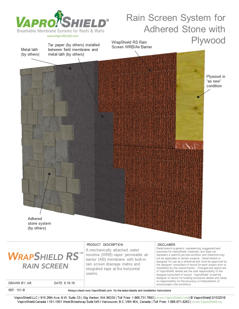 Rain Screen System for Adhered Stone and Plywood with WrapShield RS
